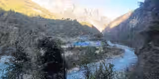 River flowing by Namche Bazaar in Nepal Himalayas