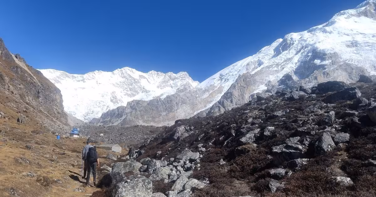 Trekker heading to Kanchenjunga Base Camp through breathtaking high-altitude terrain