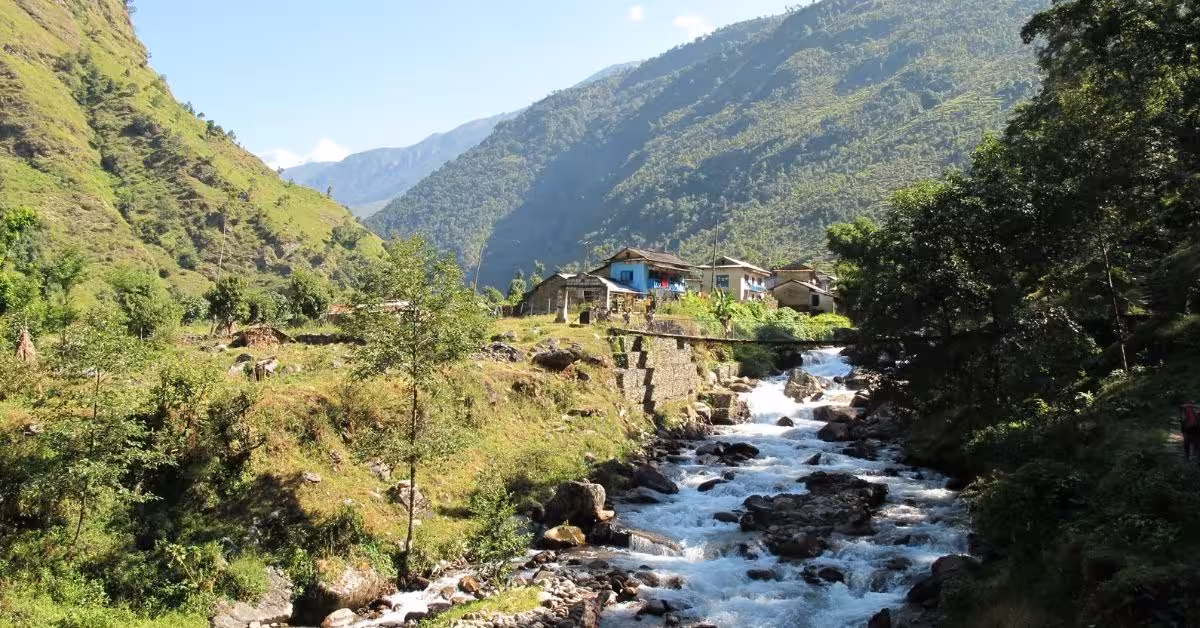Clear autumn skies over terraced hills on the Everest Base Camp route