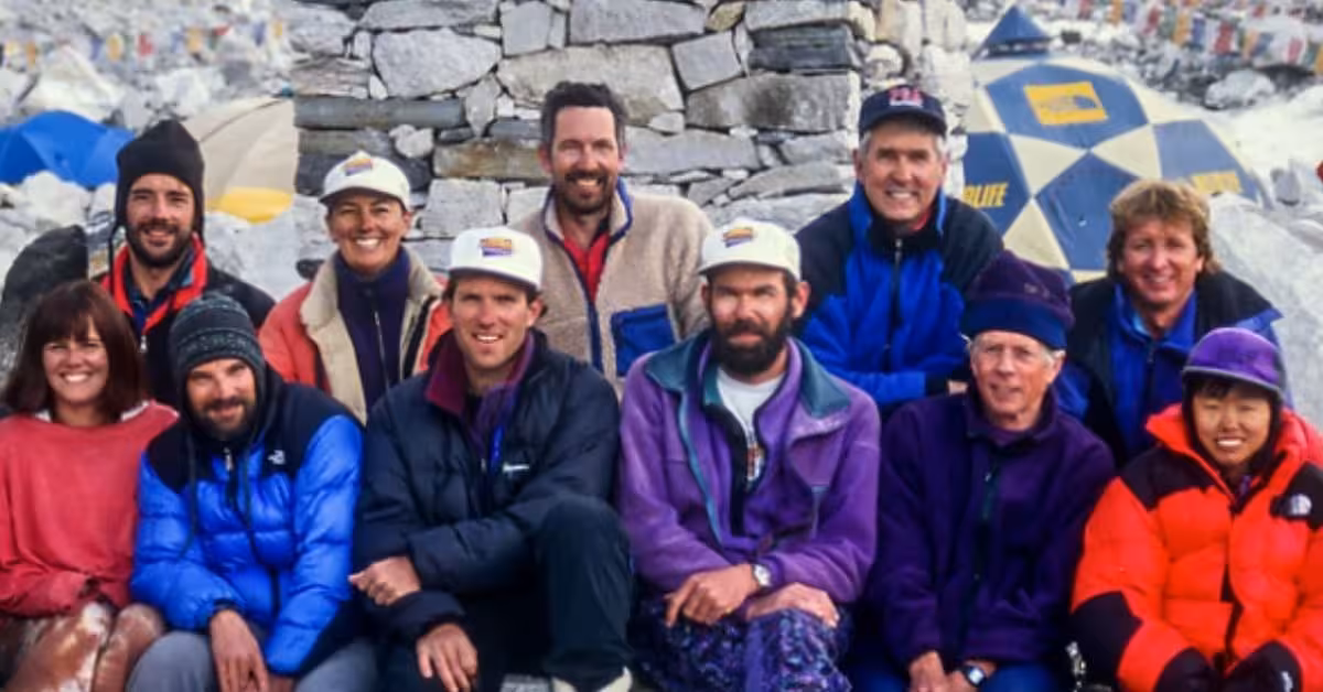 Members of the 1996 Mount Everest expedition team posing together at Base Camp before the disaster