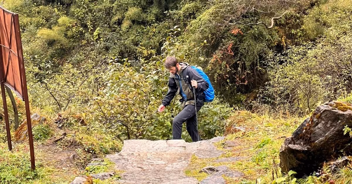 Solo hiker making their way along the scenic trail to Annapurna Base Camp