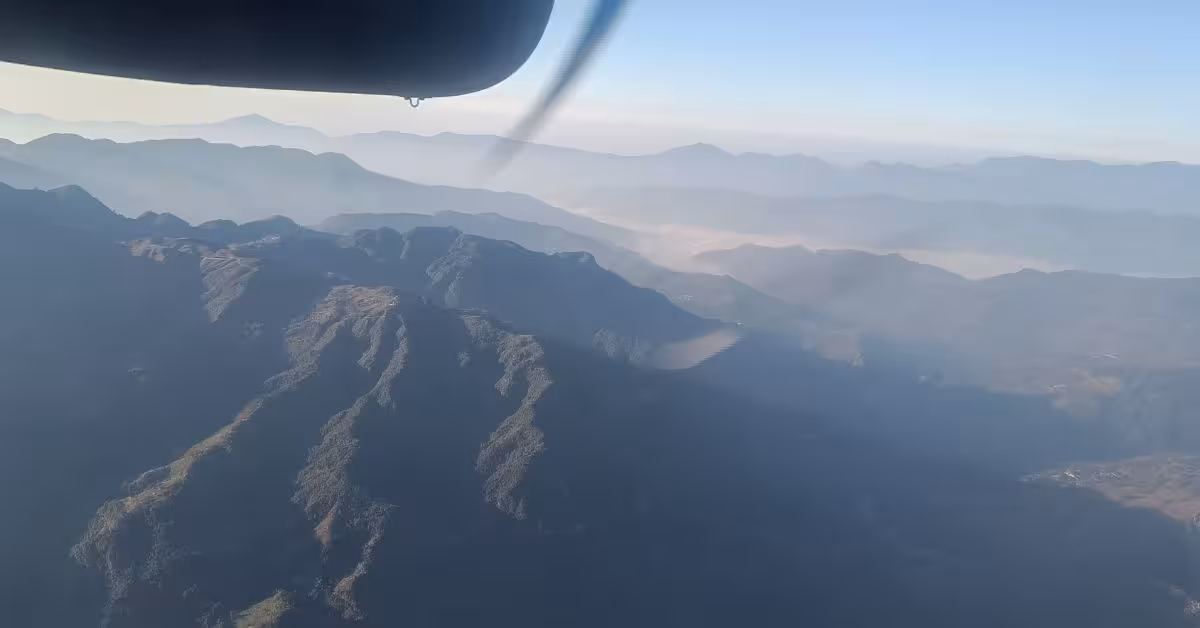 Aerial view of the Himalayan foothills from a flight to Lukla