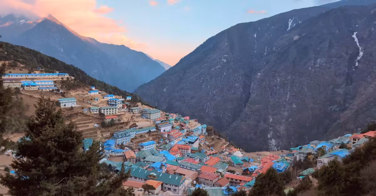 Day 3 of the Everest Base Camp trek with colorful rooftops of Namche Bazaar