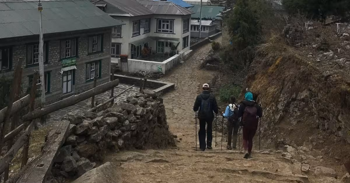Hiking into a Sherpa village in the Himalayas of Nepal