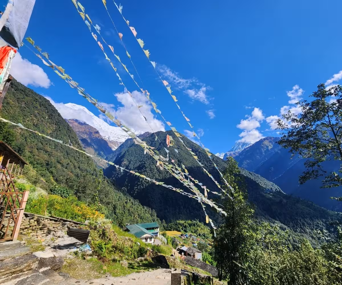 October trekking scene in Annapurna with fluttering prayer flags