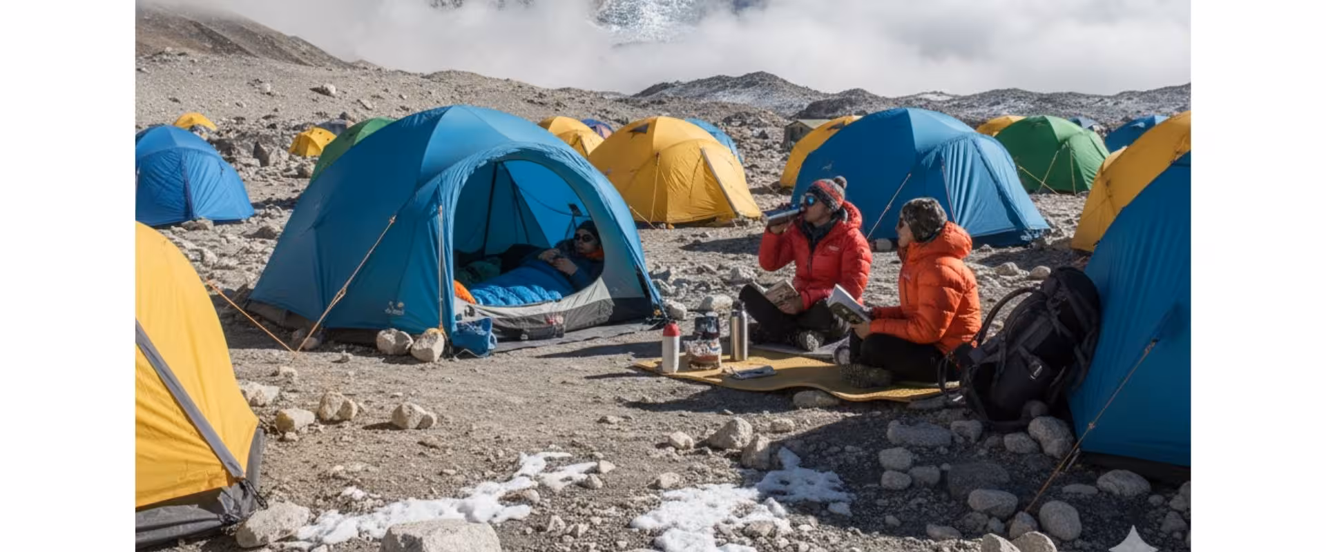 High altitude base camp with colorful tents