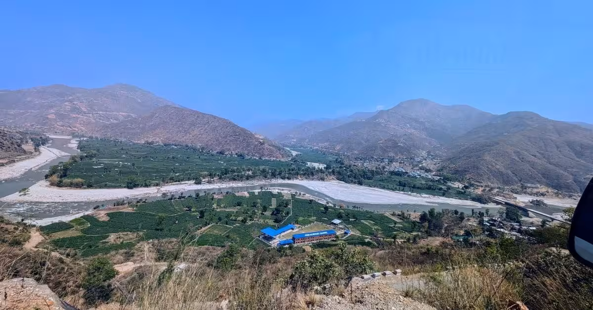 Panoramic view of Lukla valley with winding river