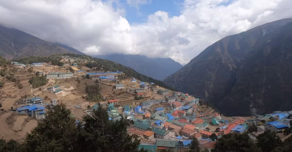 Namche Bazaar village surrounded by tall mountains
