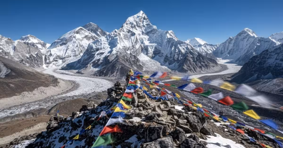Panoramic aerial view of Kala Patthar peak, Everest and Lhotse in background