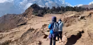 Trekking rugged ridge in Nepal mountains