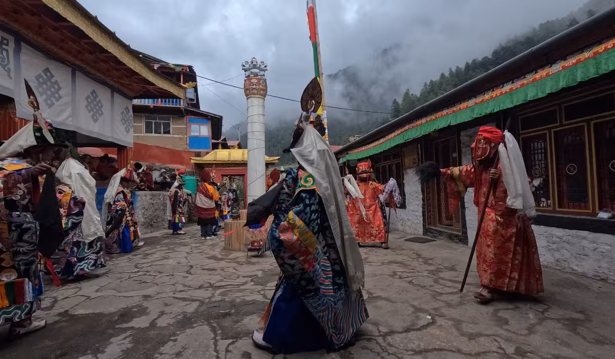 Locals performing cultural dance in Tsum Valley