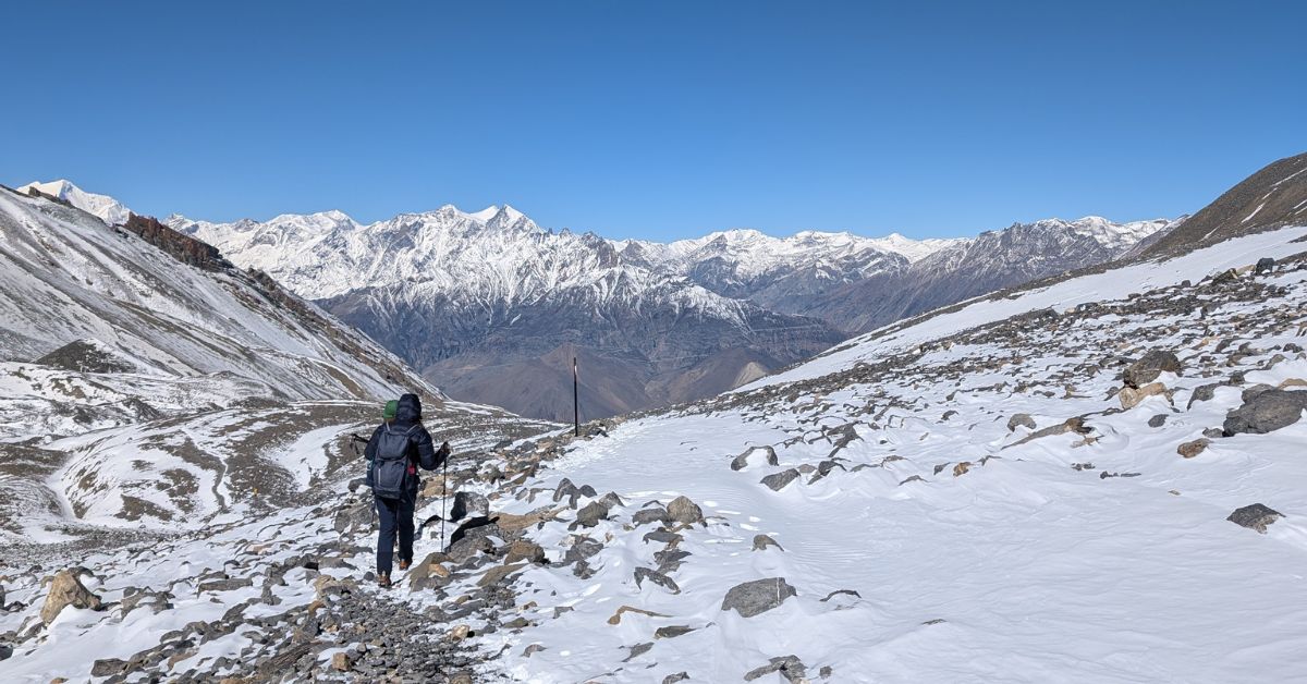 Steep snowy trail near Thorong La Pass summit