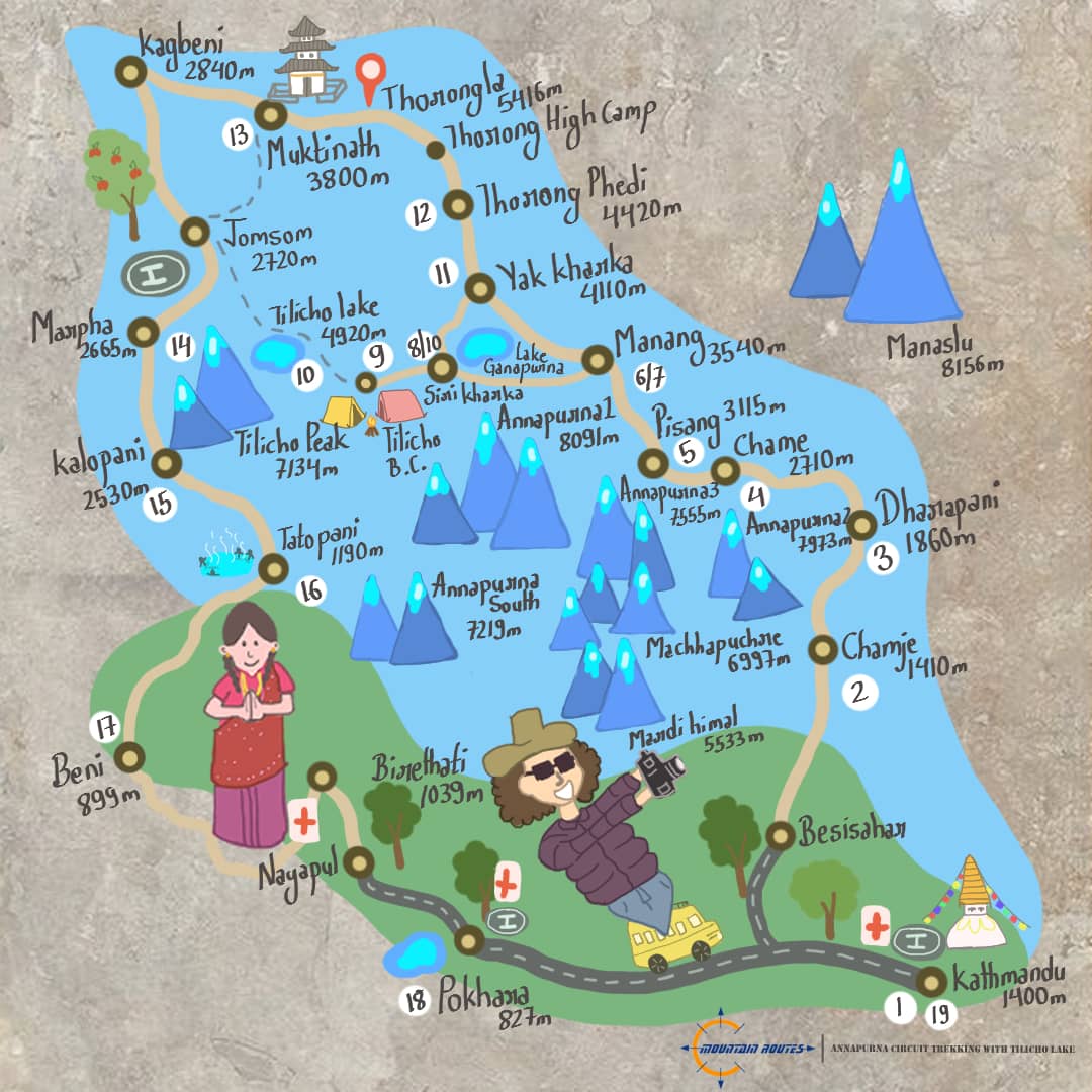 annapurna circuit trek with tilicho lake trek map