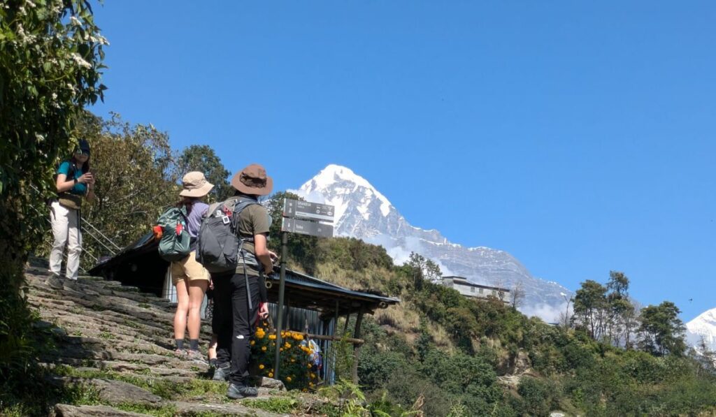 group trekking toward Annapurna with mountain view