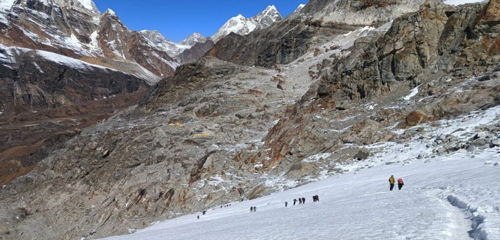 snow-covered path winding toward ebc